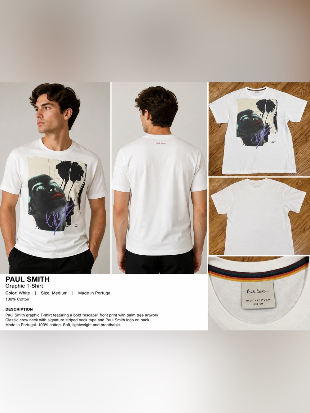 Paul Smith White Graphic Palm Portrait Short Sleeve Tee